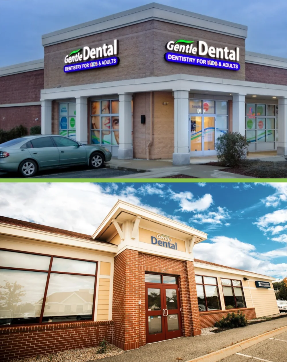 Both Gentle Dental Clinics From the Outside Parking Lots